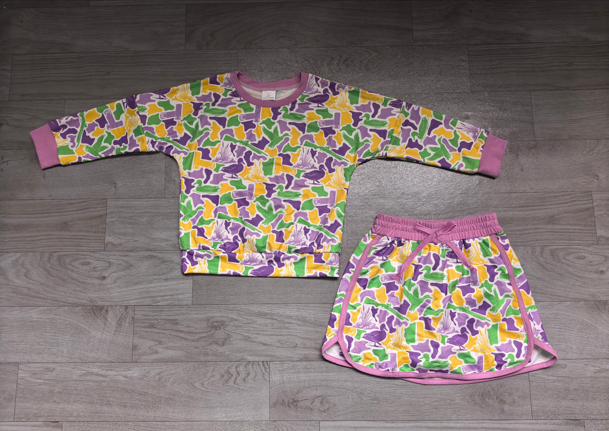 Baby Girls Long Sleeve Mardigras Ducks Camo Top Skirt Short Hunting Clothes Set Preorder