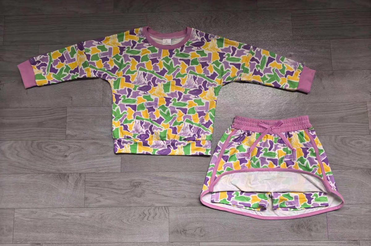Baby Girls Long Sleeve Mardigras Ducks Camo Top Skirt Short Hunting Clothes Set Preorder