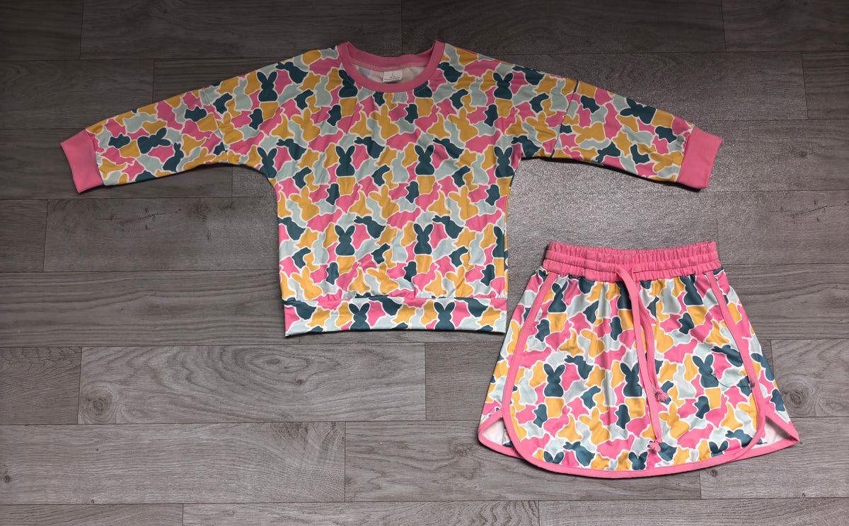 Baby Girls Long Sleeve Rabbits Camo Top Skirt Short Easter Clothes Set Preorder
