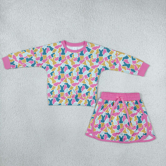 Baby Girls Long Sleeve Rabbits Camo Top Skirt Short Easter Clothes Set