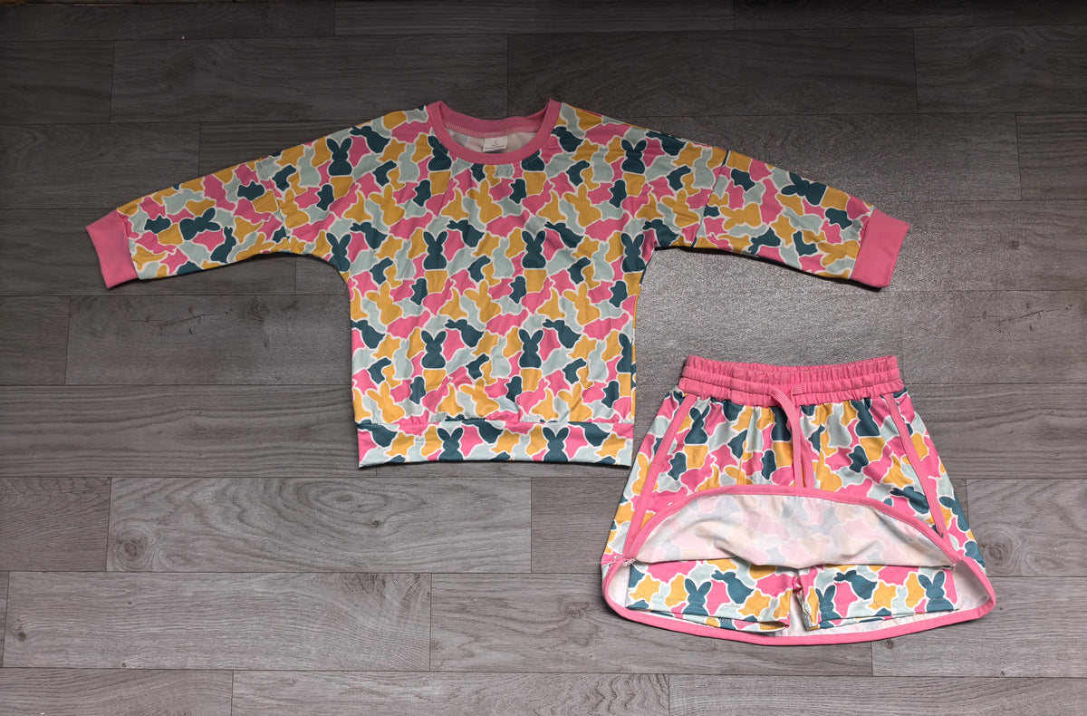 Baby Girls Long Sleeve Rabbits Camo Top Skirt Short Easter Clothes Set Preorder