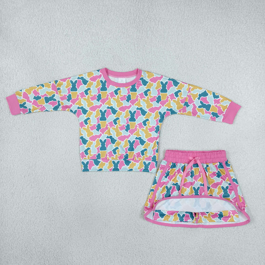 Baby Girls Long Sleeve Rabbits Camo Top Skirt Short Easter Clothes Set