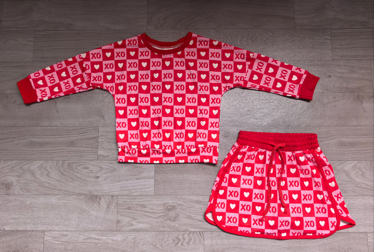 Baby Girls Long Sleeve Hearts XOXO Checked Top Skirt Short Valentines Clothes Set Preorder