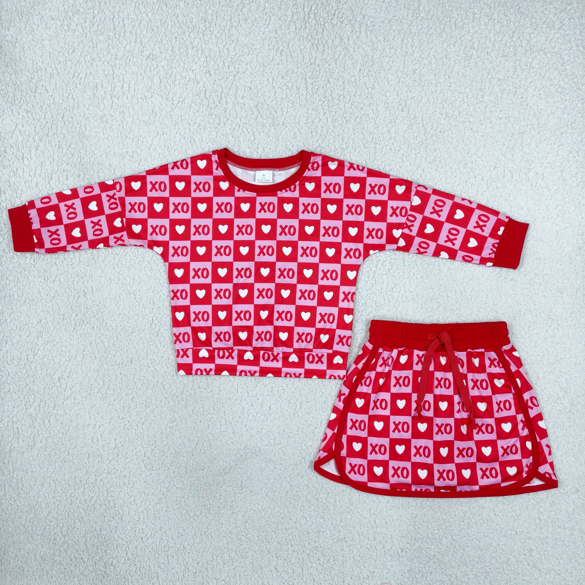 Baby Girls Long Sleeve Hearts XOXO Checked Top Skirt Short Valentines Clothes Set