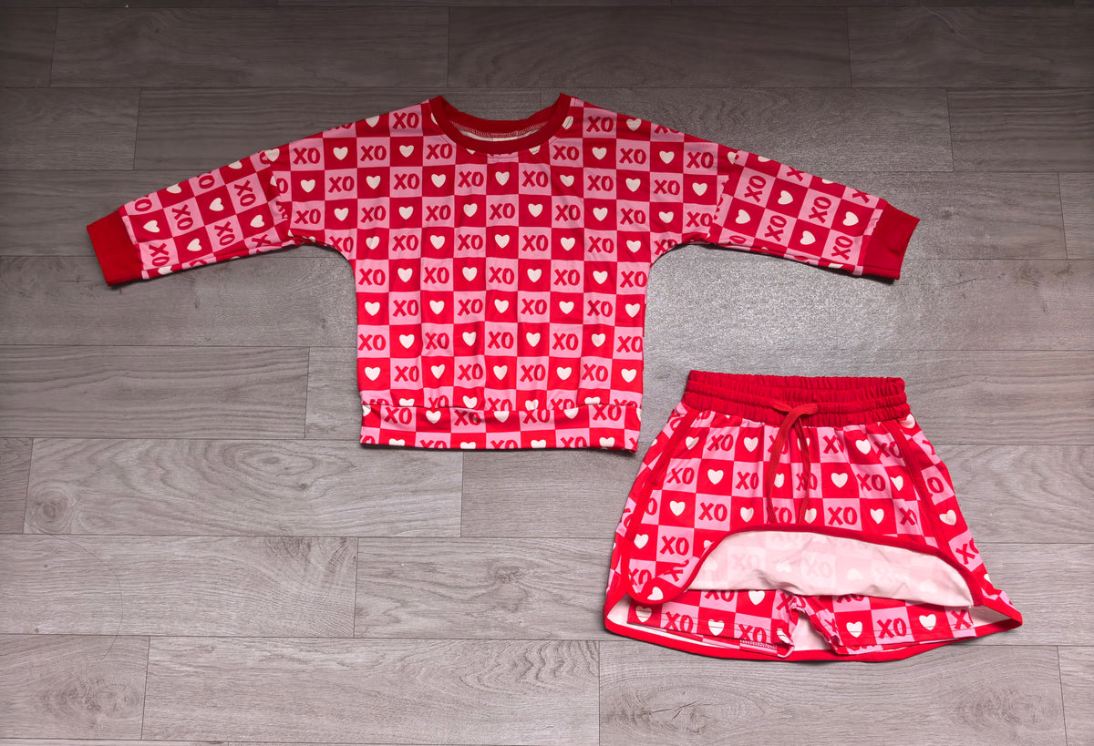 Baby Girls Long Sleeve Hearts XOXO Checked Top Skirt Short Valentines Clothes Set Preorder