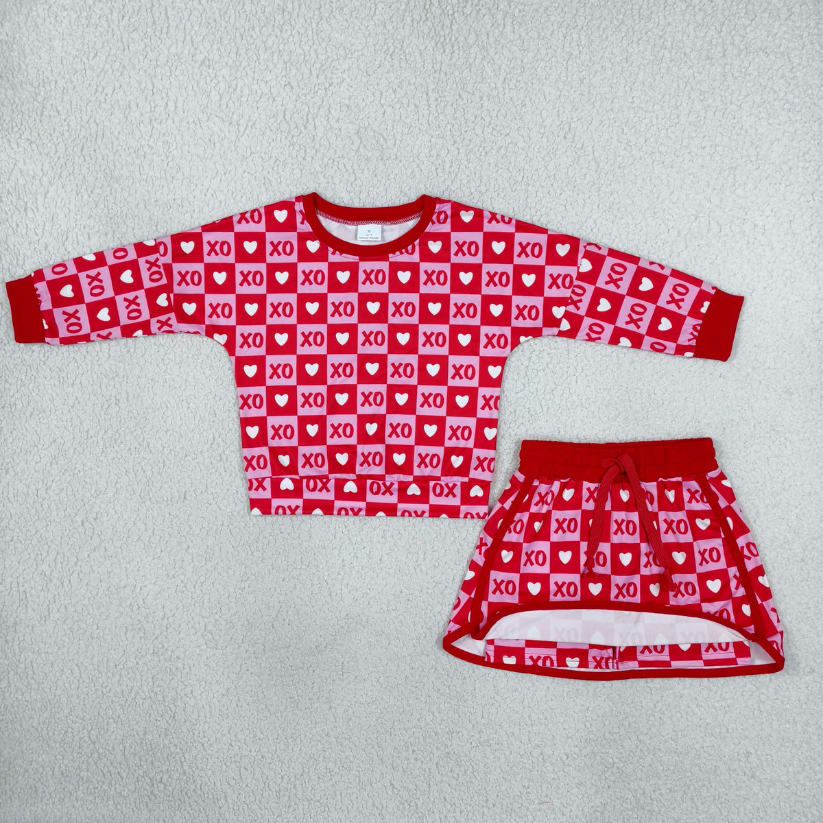 Baby Girls Long Sleeve Hearts XOXO Checked Top Skirt Short Valentines Clothes Set