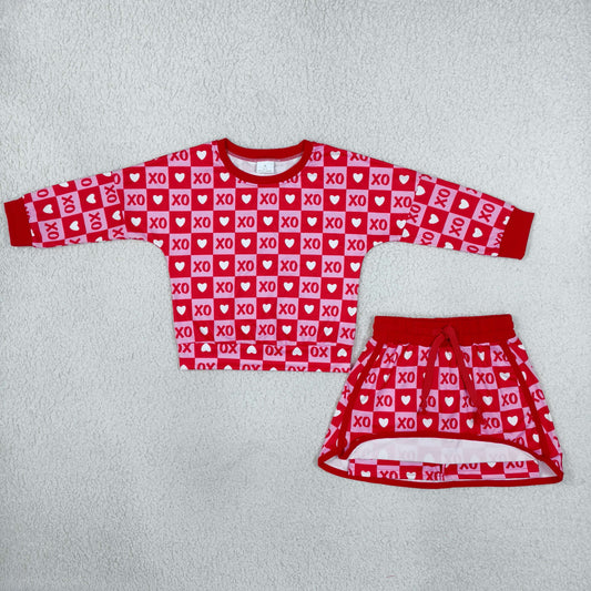 Baby Girls Long Sleeve Hearts XOXO Checked Top Skirt Short Valentines Clothes Set