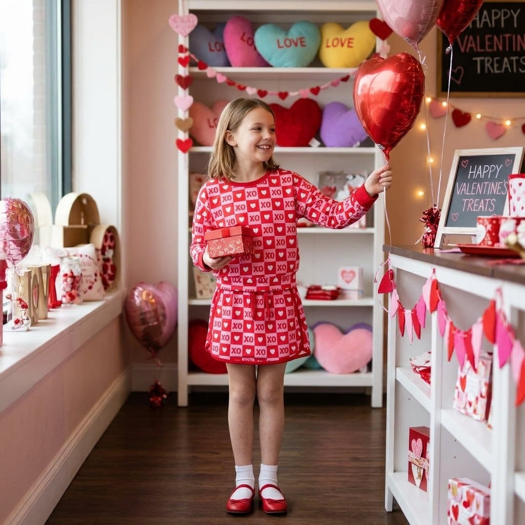 Baby Girls Long Sleeve Hearts XOXO Checked Top Skirt Short Valentines Clothes Set