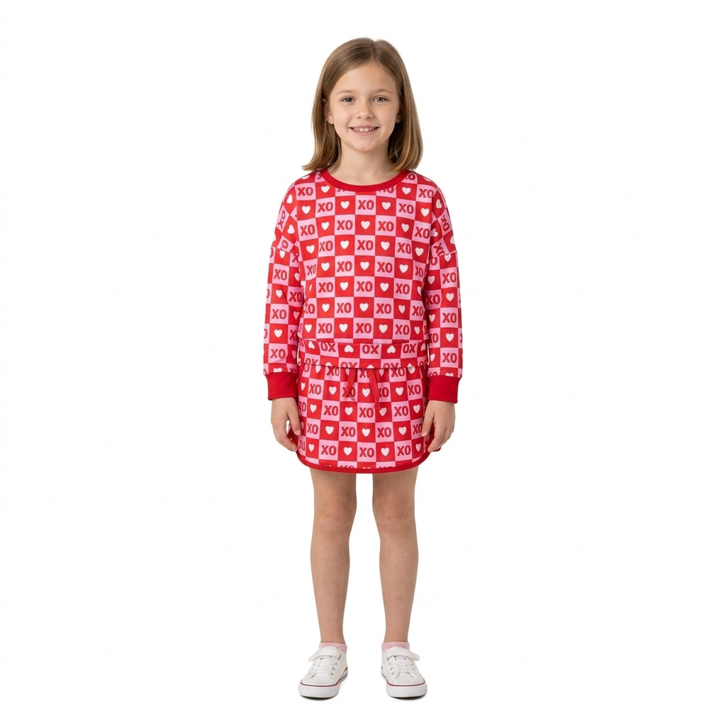 Baby Girls Long Sleeve Hearts XOXO Checked Top Skirt Short Valentines Clothes Set