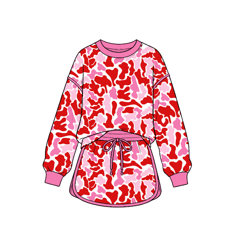 Baby Girls Long Sleeve Pink Camo Top Skirt Short Valentines Clothes Set Preorder