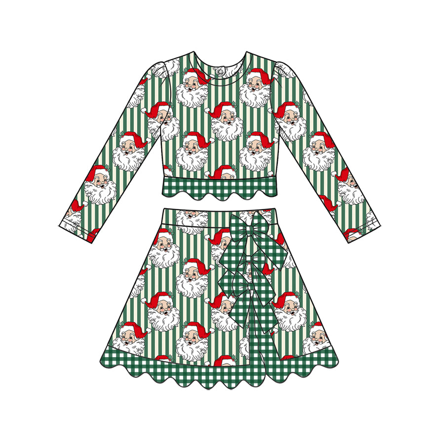 Baby Girls Green Stripe Santa Shirt Bows Skirt Short Yoga Active Scallop Clothes Set Preorder