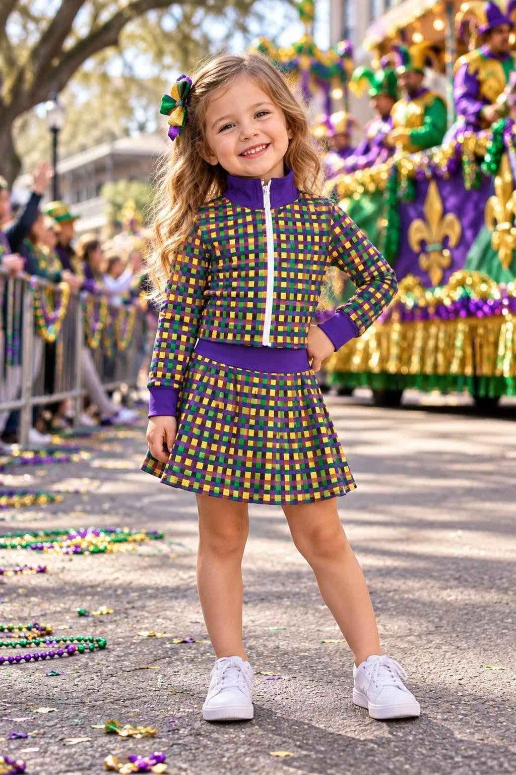 Baby Girls Mardigras Checked Zip Pullovers Skirt Short Yoga Active Clothes Set Preorder