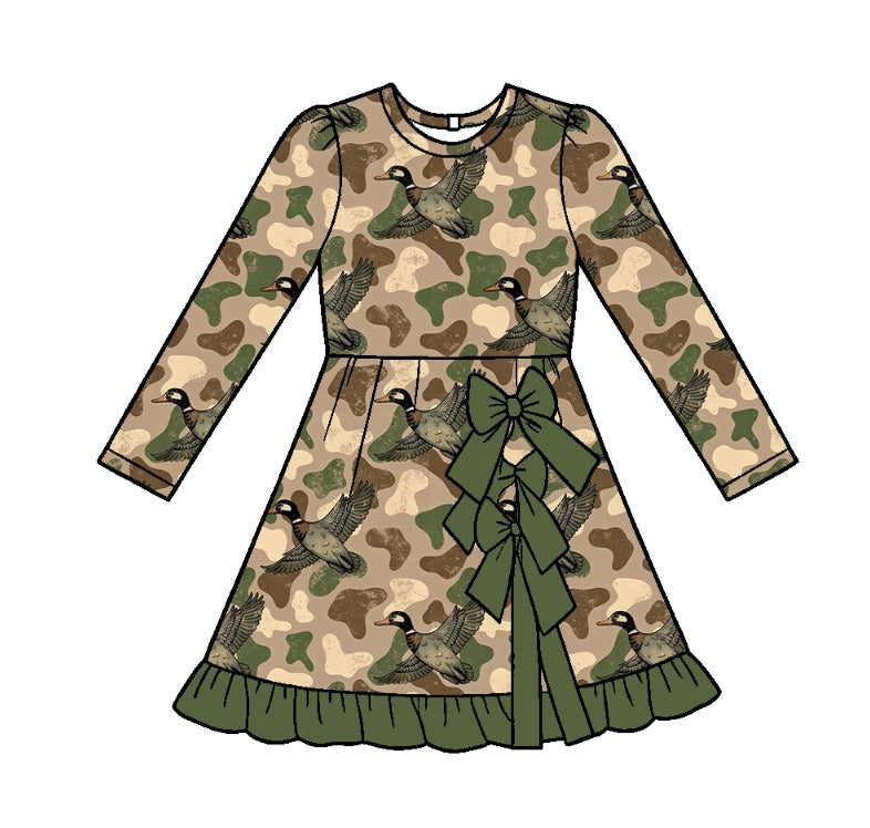 Preorder moq 5 Baby Girls Green Camo Ducks Yoga Active Short Bows Ruffle Knee Length Dress