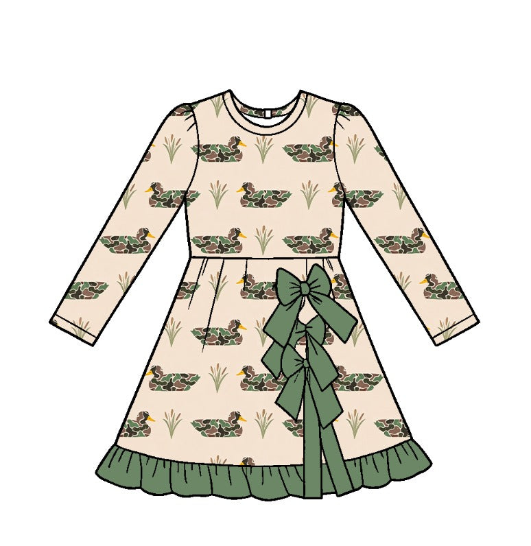 Preorder moq 5 Baby Girls Camo Ducks Plaid Yoga Active Short Bows Ruffle Knee Length Dress