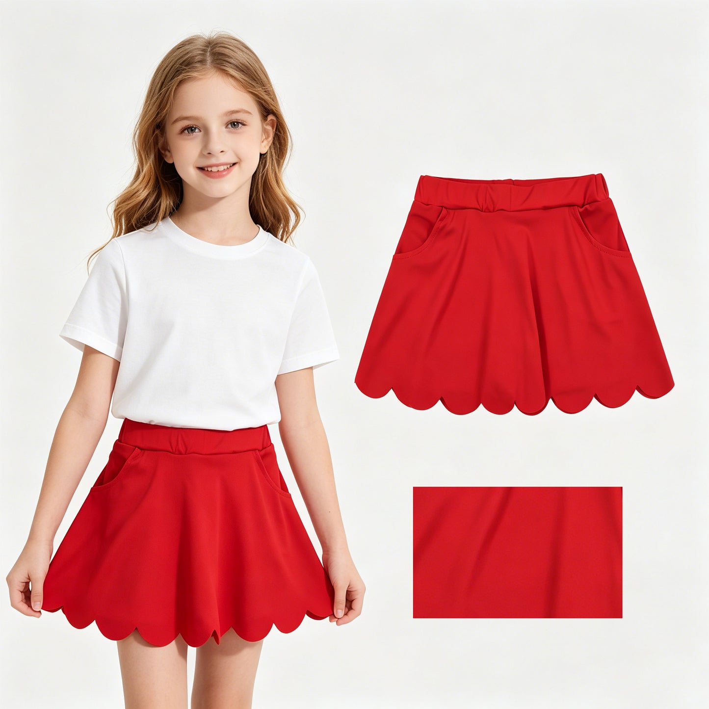 Baby Girls Red Pockets Yoga Active Scallop Skirt Shorts Bottom