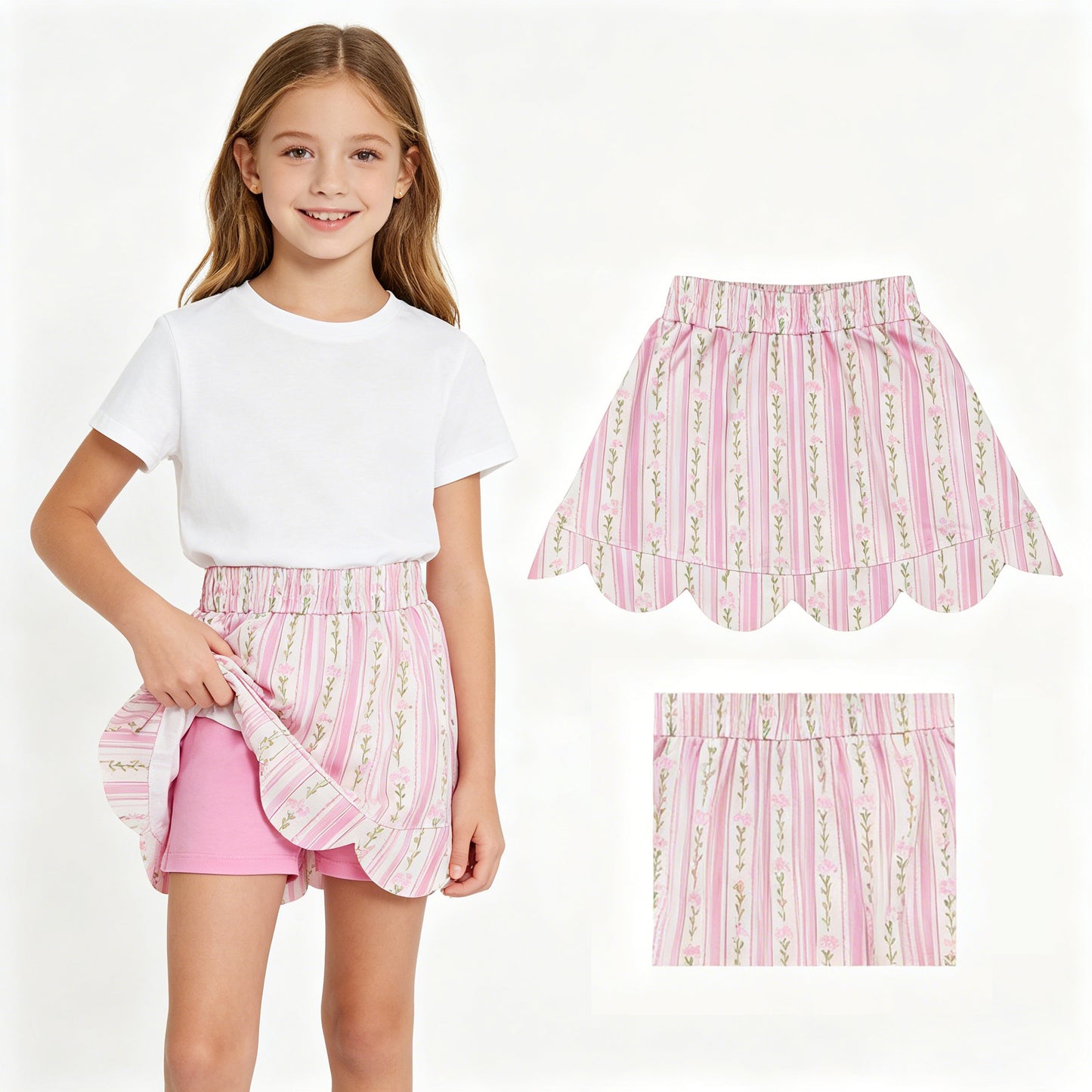 Baby Girls Pink Bows Flowers Stripe Scallop Skirt Shorts Bottom