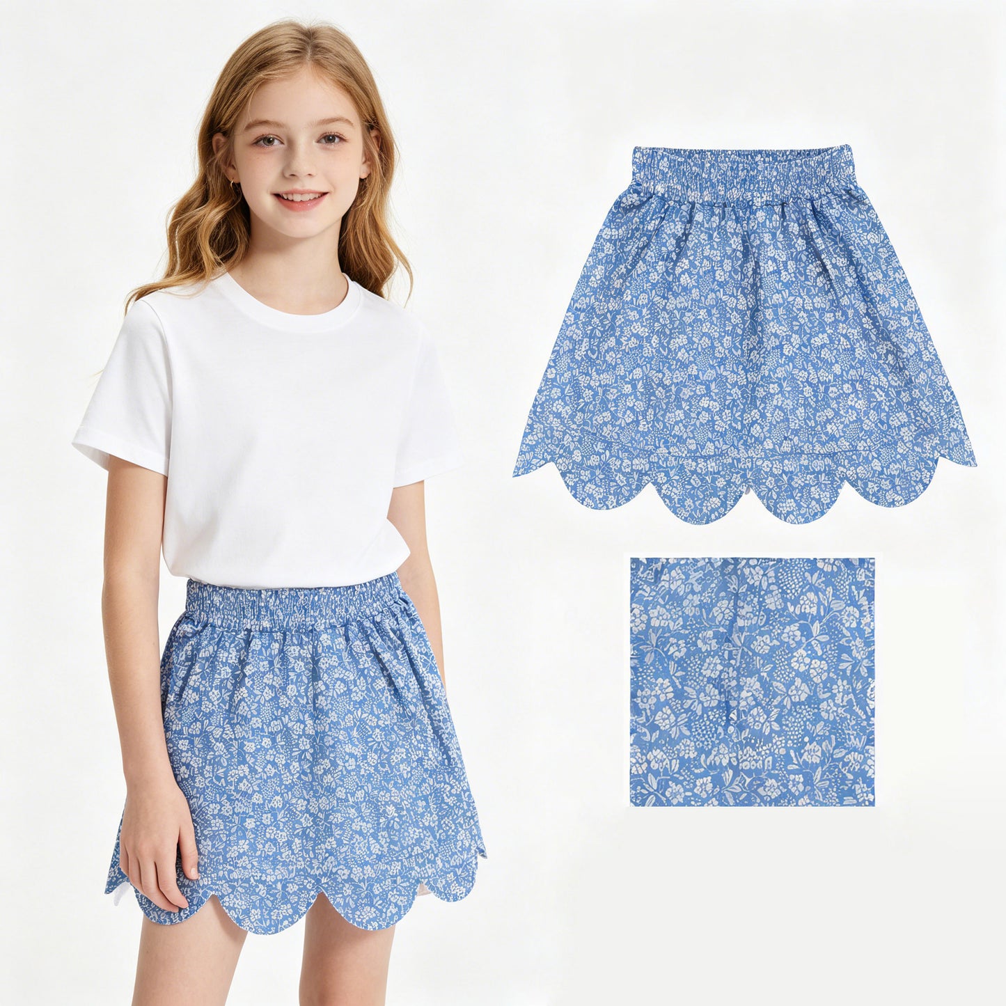Baby Girls Blue Small Flowers Scallop Skirt Shorts Bottom