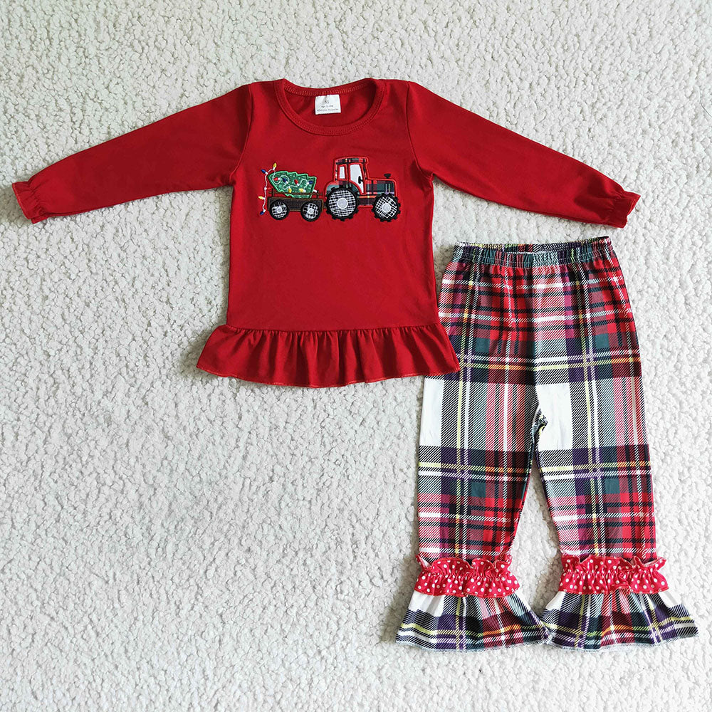 Sibling Boys Girls Tractors Plaid Pants Christmas Tree Outfits Sets