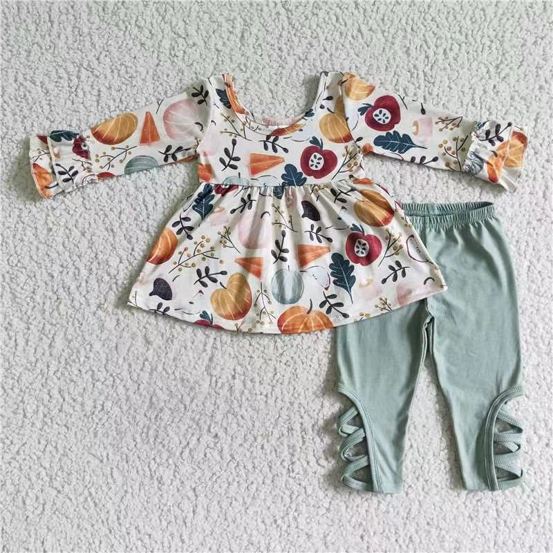Sibling Baby Girls Long Ruffle Sleeves Flowers Pumpkins Tunic Pants Fall Clothes Sets