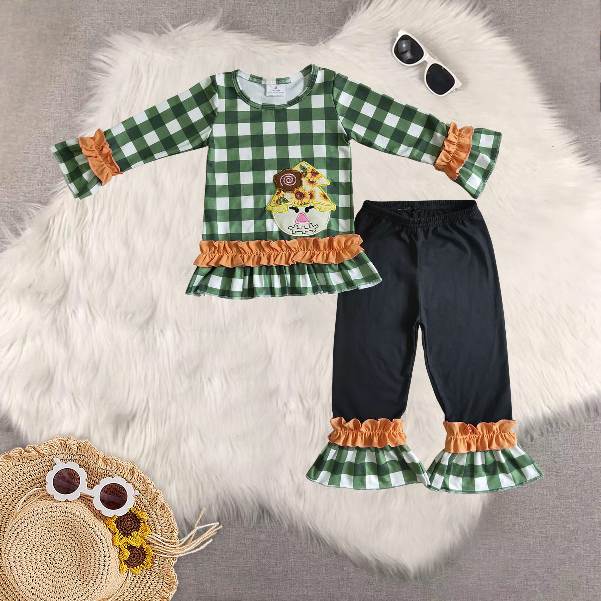 Sibling Baby Girls Long Ruffle Sleeves Green Plaid Scarecrow Tunic Pant Fall Set Dresses