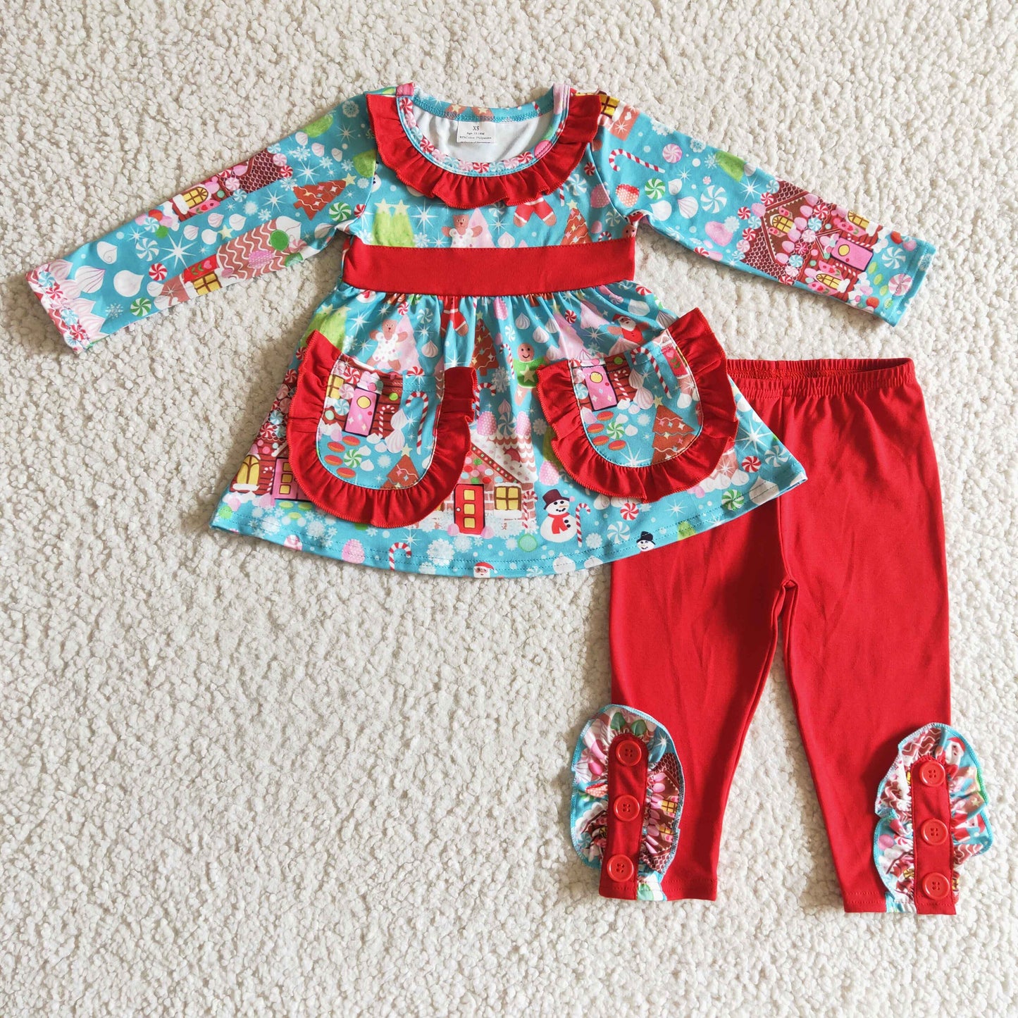 Sibling Baby Girls Long Ruffle Sleeves Santa Gingerbread Trees Tunic Pants Christmas Clothes Sets