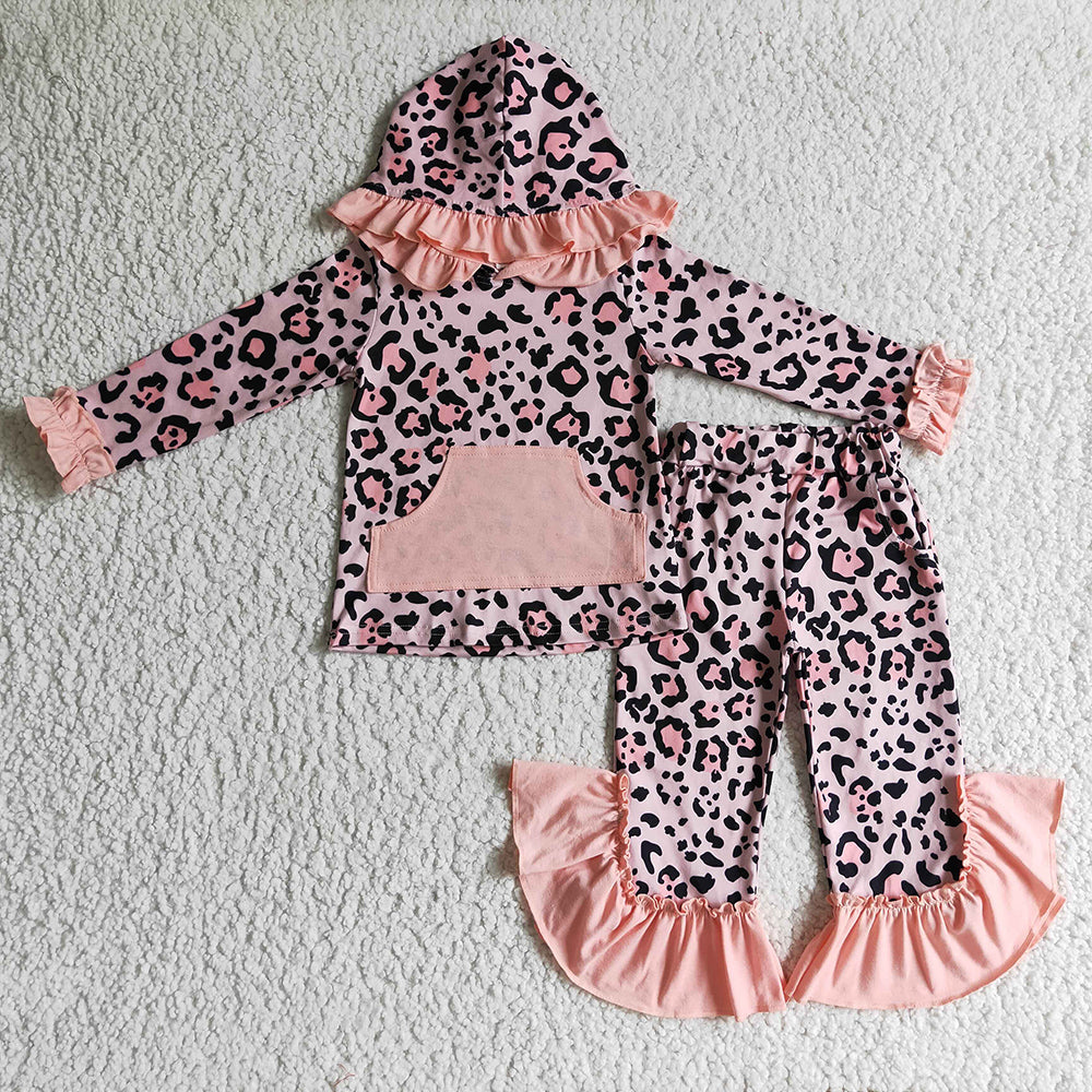 Sibling Baby Girls Leopard Spring Flowers Hooded Top Pants Clothes Sets