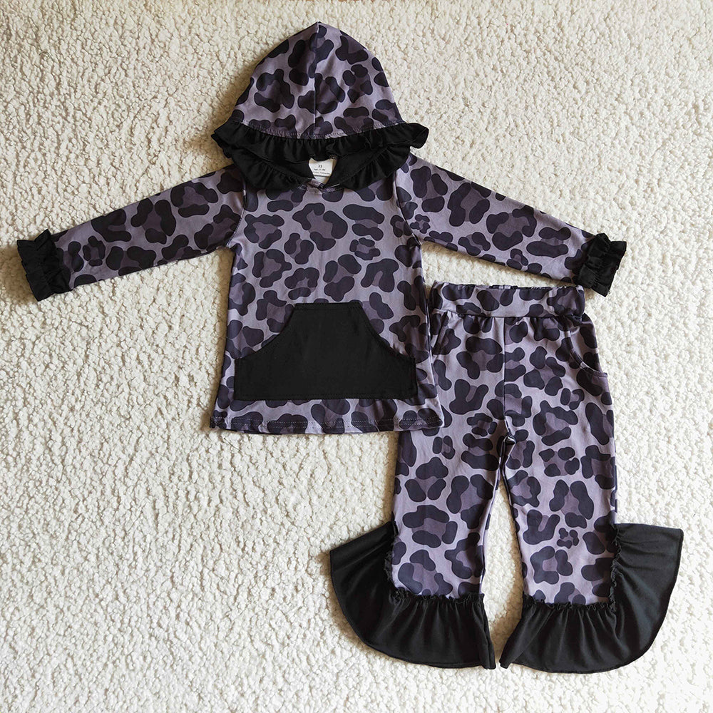 Sibling Baby Girls Leopard Spring Flowers Hooded Top Pants Clothes Sets