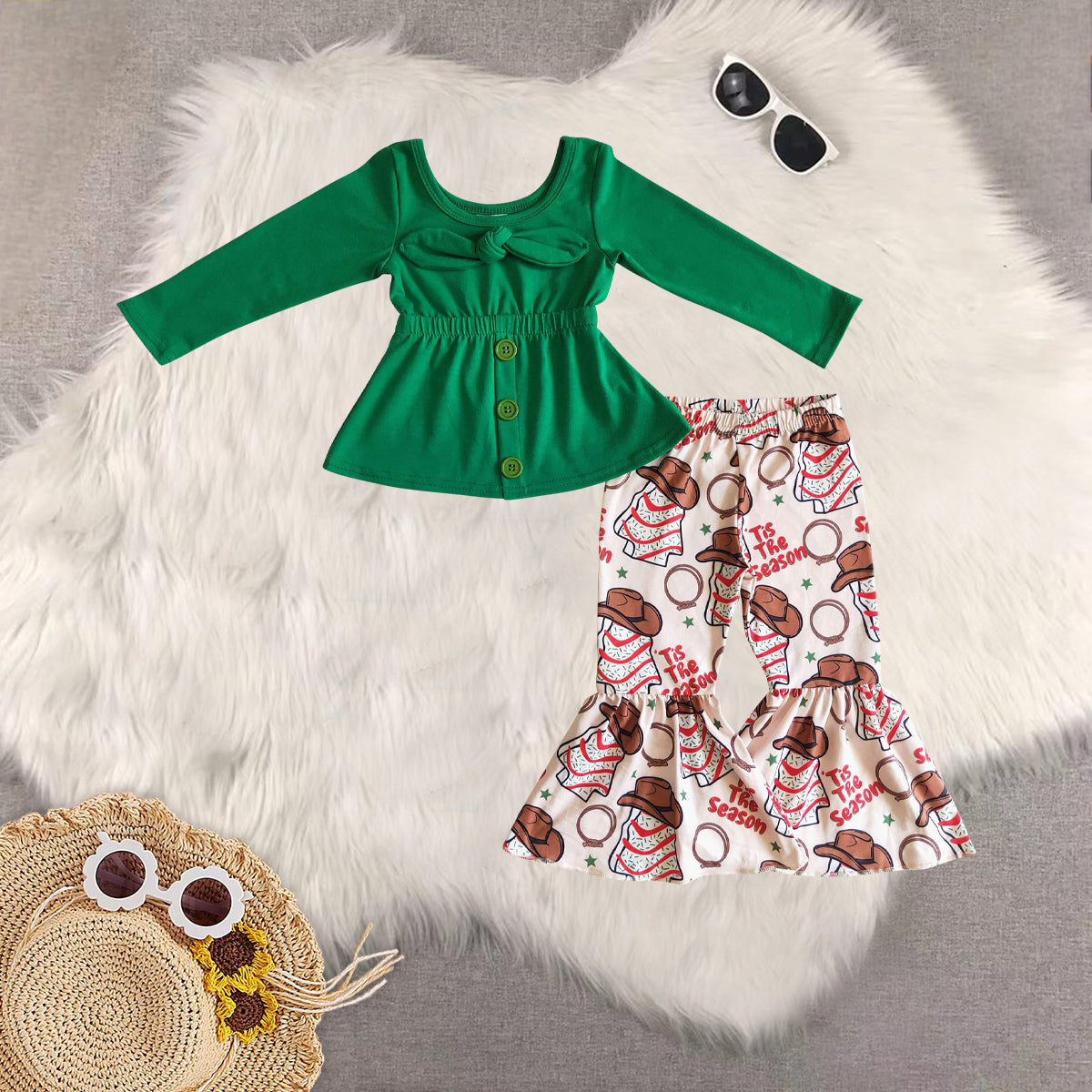 Sibling Baby Girls Green Button Tunic Christmas Trees Bell Bottom Pant Sets Rompers