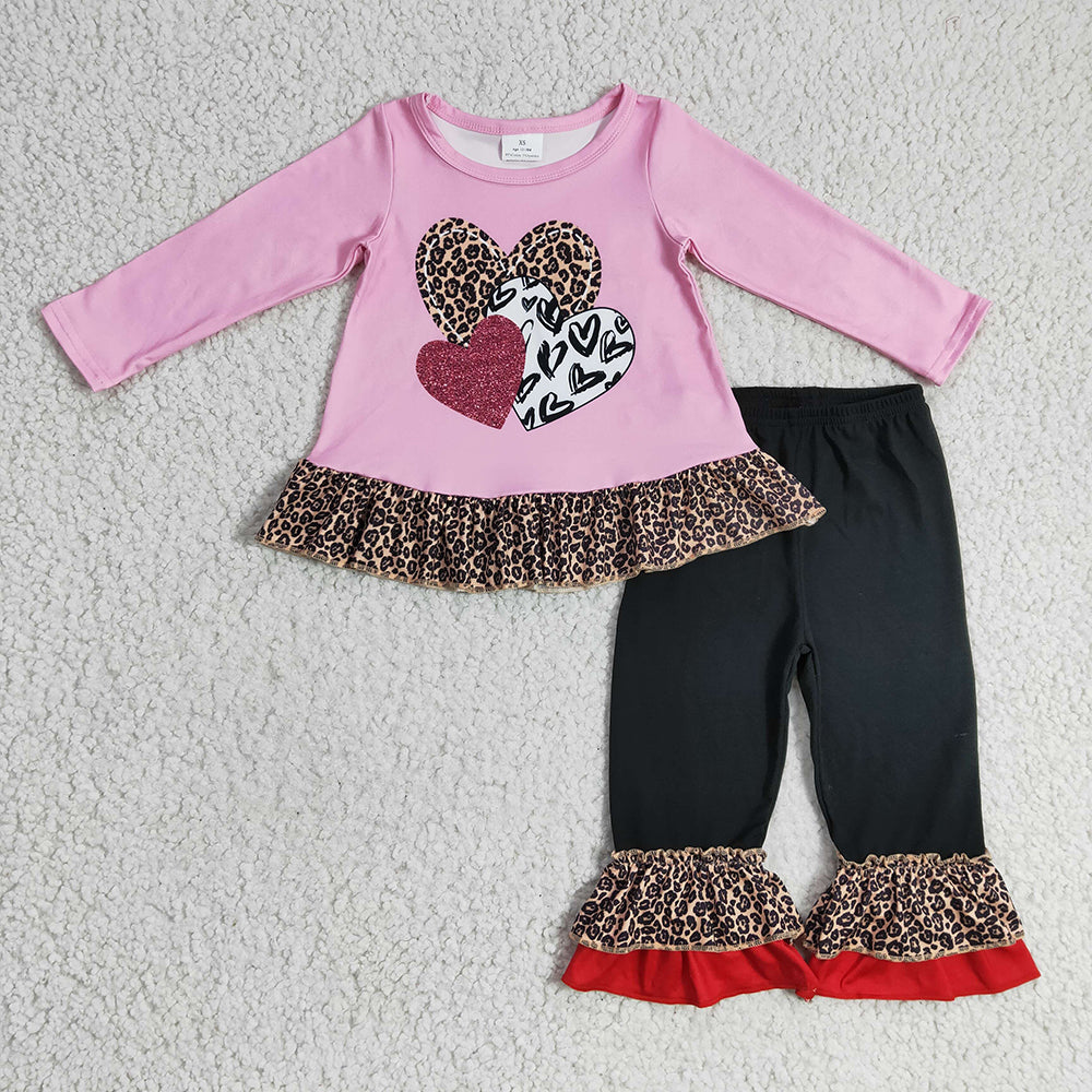 Sibling Baby Girls Leopard Hearts Tunic Ruffle Pants Valentines Clothes Set Footie Rompers