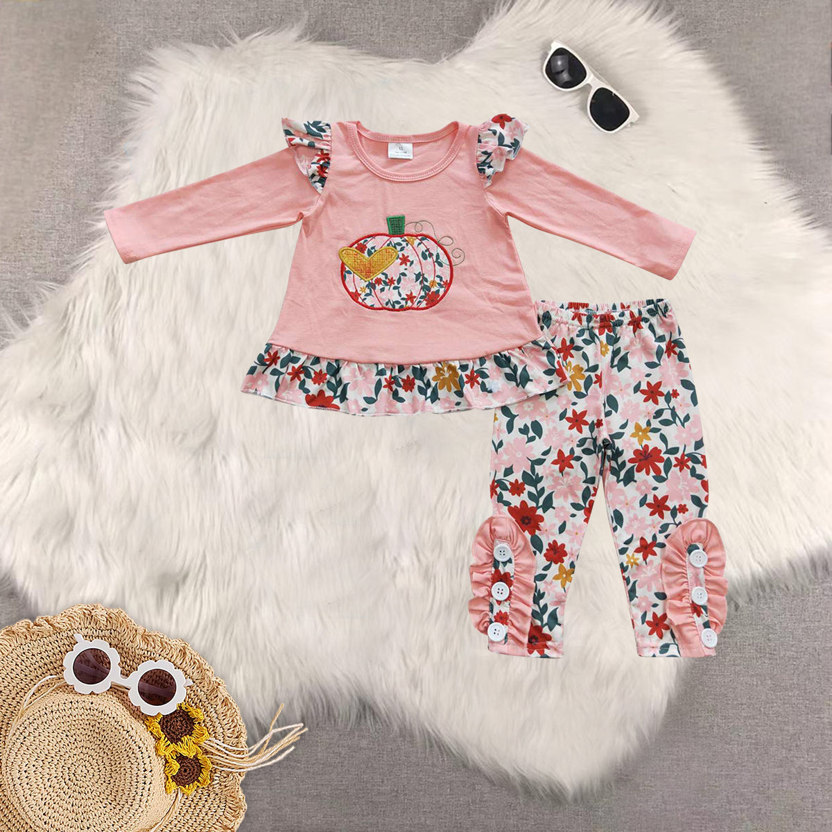 Sibling Baby Girls Long Sleeve Floral Pumpkins Tunic Bell Bottom Legging Pant Fall Clothes Set