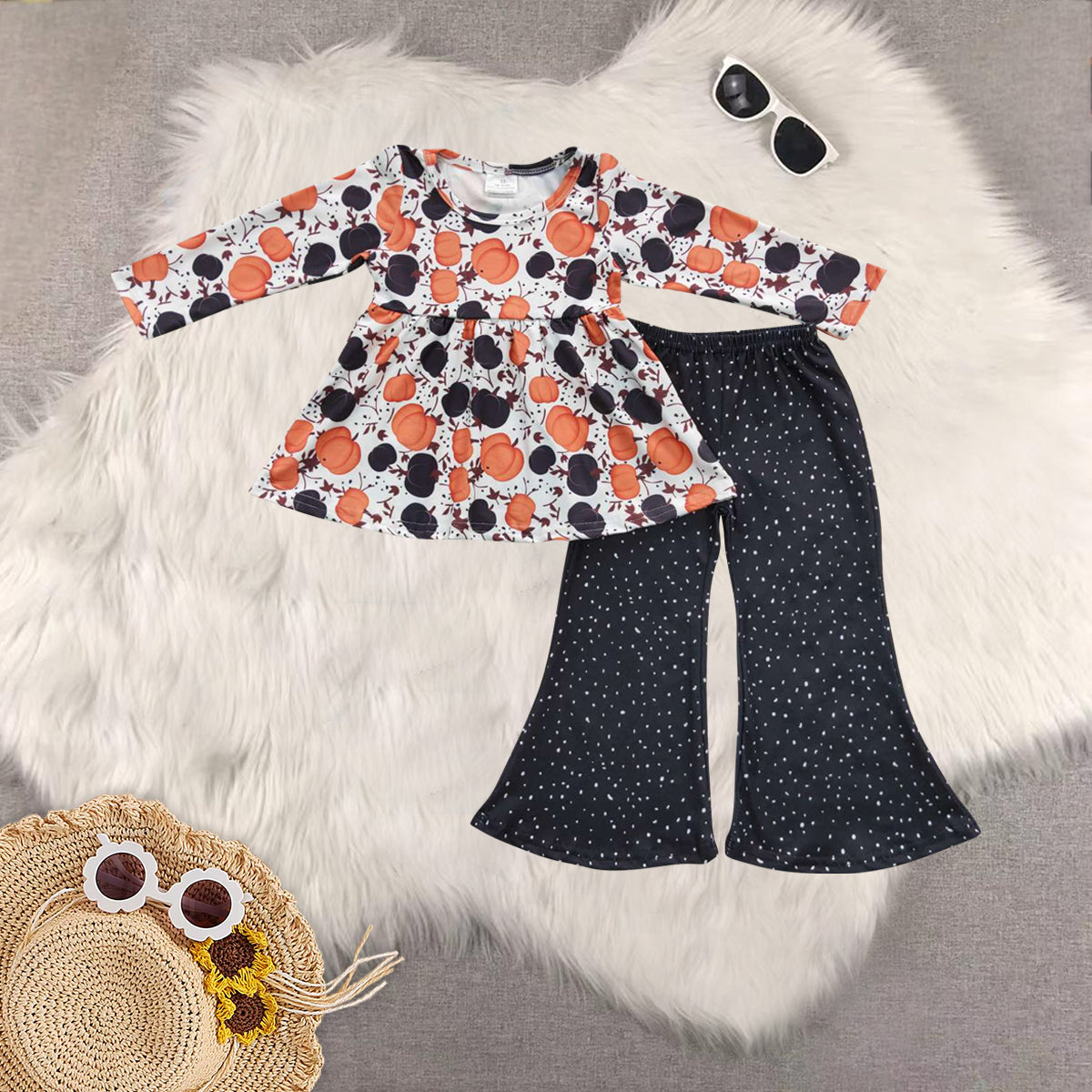 Sibling Baby Girls Fall Floral Pumpkins Tunic Bell Bottom Pants Clothes Sets