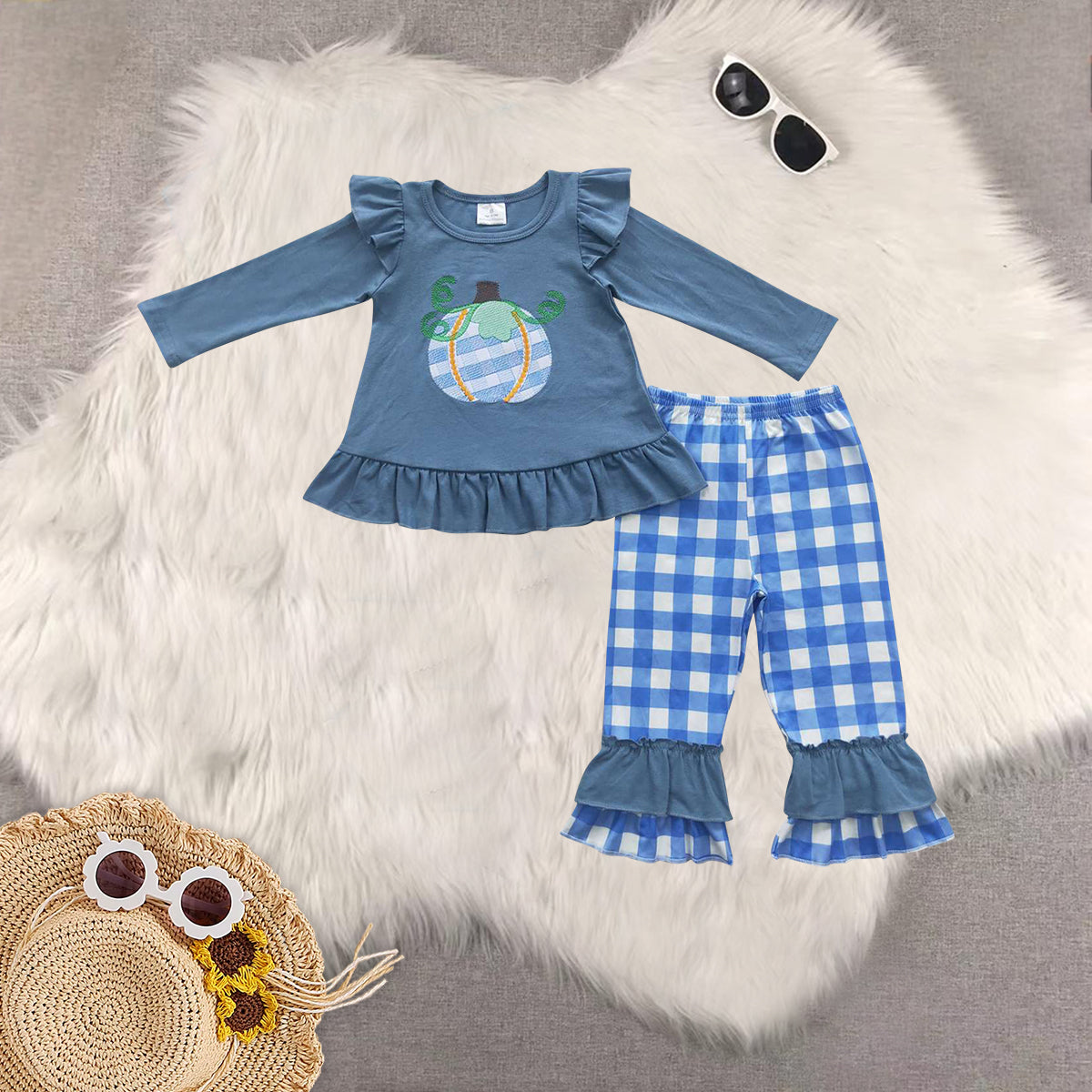 Sibling Baby Kids Blue Long Sleeves Pumpkin Fall Pants Clothes Sets Rompers