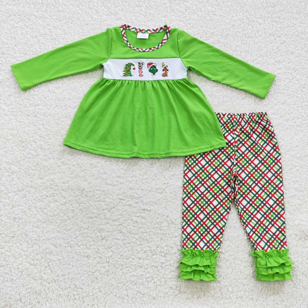 Sibling Baby Boys Girls Embroidery Green Faces Pants Christmas Clothes Sets Footie Rompers