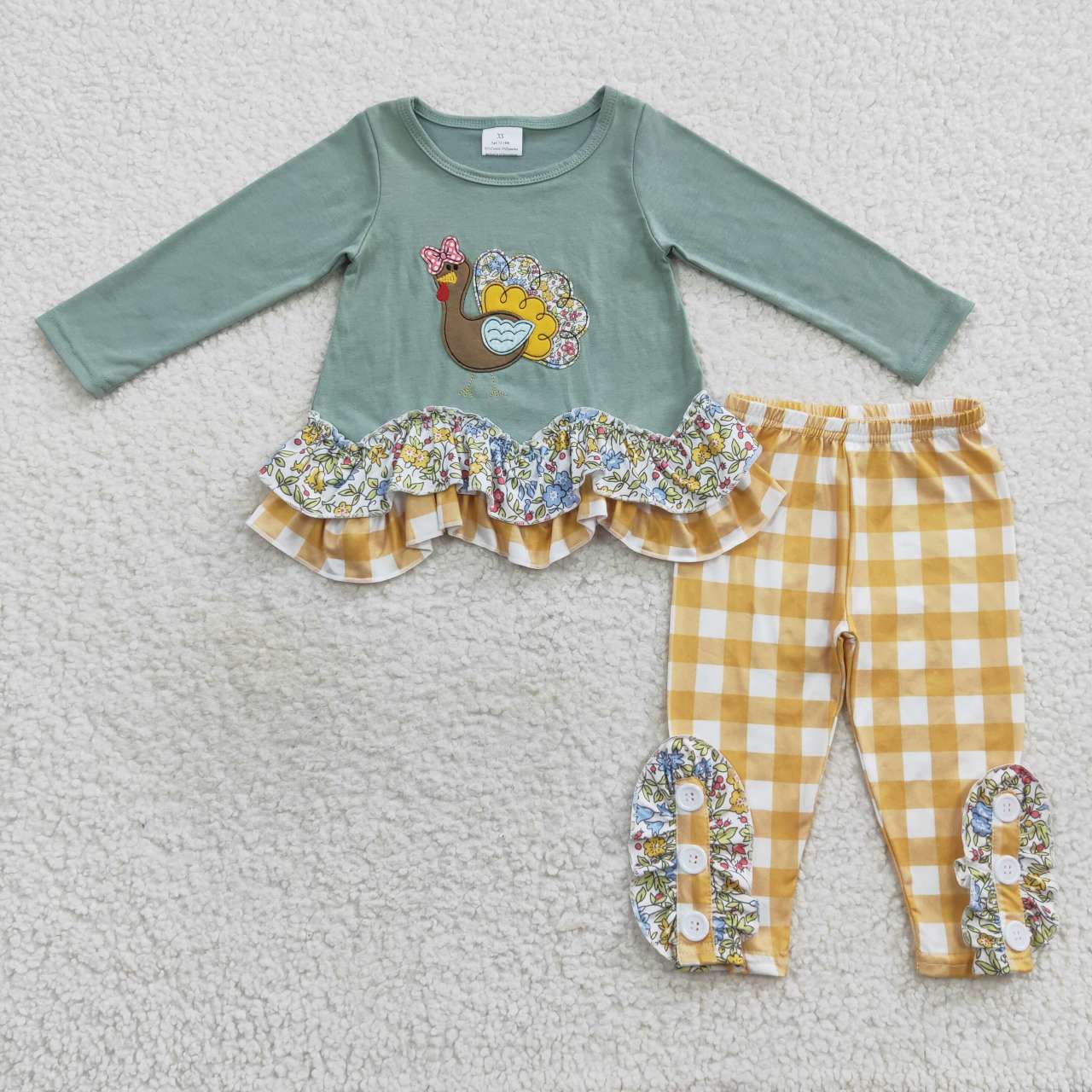 Sibling Baby Girls Embroidery Turkey Long Ruffle Sleeves Pants Thanksgiving Clothes Sets