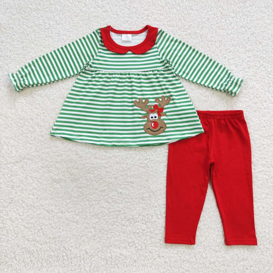 Sibling Baby Kids Christmas Embroidery Deer Stripe Clothes Sets Rompers Dresses