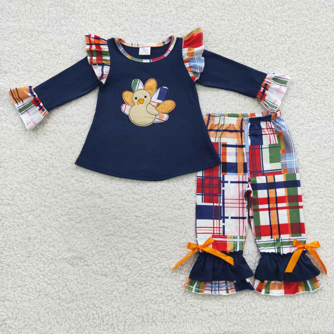 Sibling Baby Girls Embroidery Turkey Long Ruffle Sleeves Pants Thanksgiving Clothes Sets