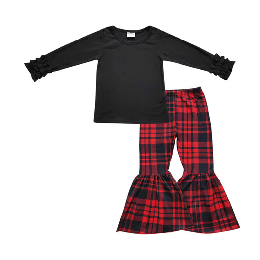 Baby Girls Black Shirt Plaid Bell Pants clothes sets