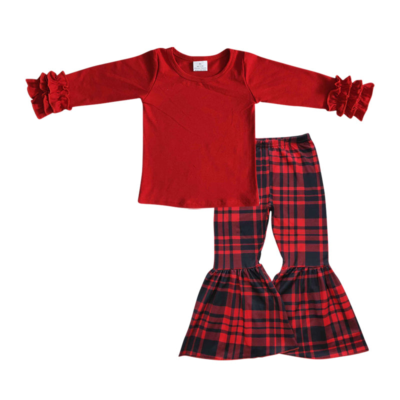 Baby Girls Red Shirt Plaid Bell Pants clothes sets