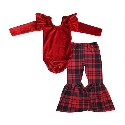 Baby Girls Red Velvet Leotard Plaid Bell Pants clothes sets