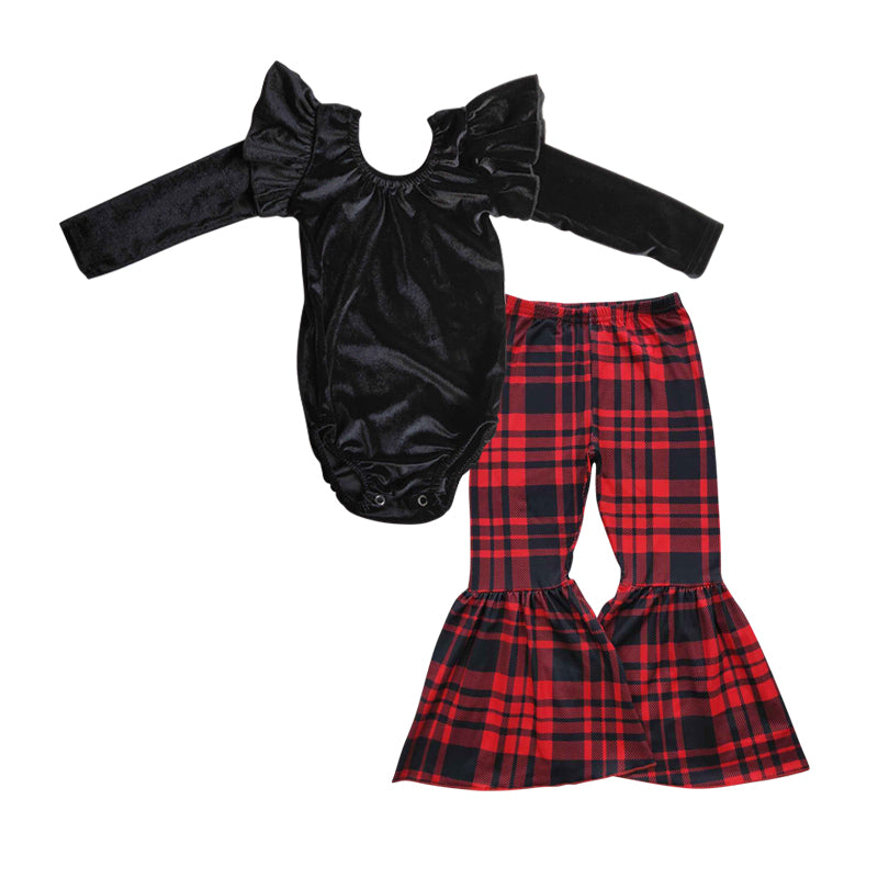Baby Girls Black Leotard Plaid Bell Pants clothes sets