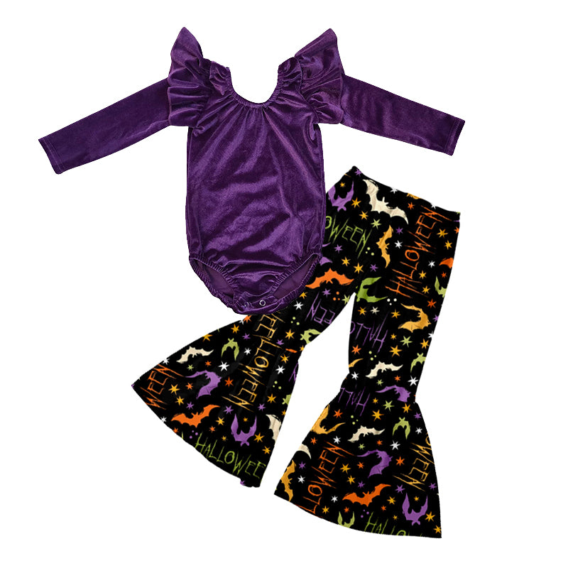 Baby Girls Purple Velvet Romper Halloween Bell Pants clothes sets