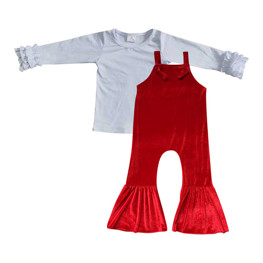 Baby Girls White Shirt Red Color Velvet Overall Jumpsuits