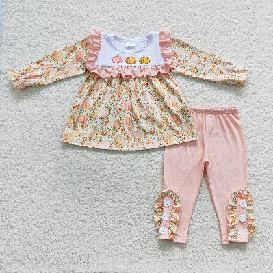 Sibling Baby Girls Embroidery Pumpkins Floral Long Ruffle Sleeves Pant Set Rompers Dresses