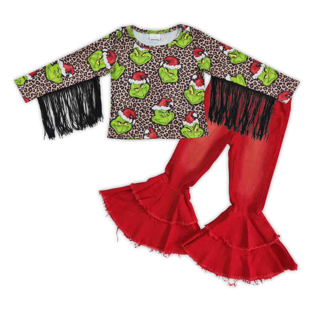 Baby Girls Christmas Frog Tassel Shirt Denim Bell Pants Clothes Sets