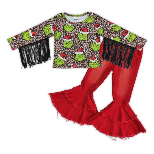 Baby Girls Christmas Frog Tassel Shirt Denim Bell Pants Clothes Sets