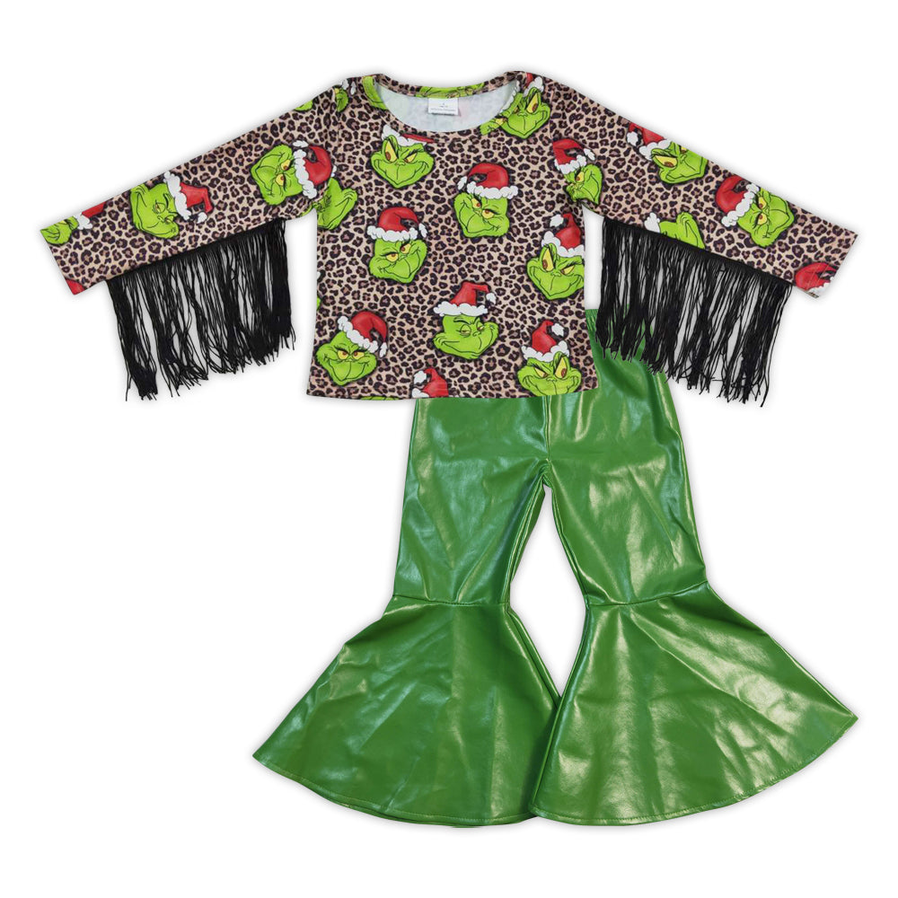 Baby Girls Christmas Frog Tassel Shirt Green Pleather Pants clothes sets