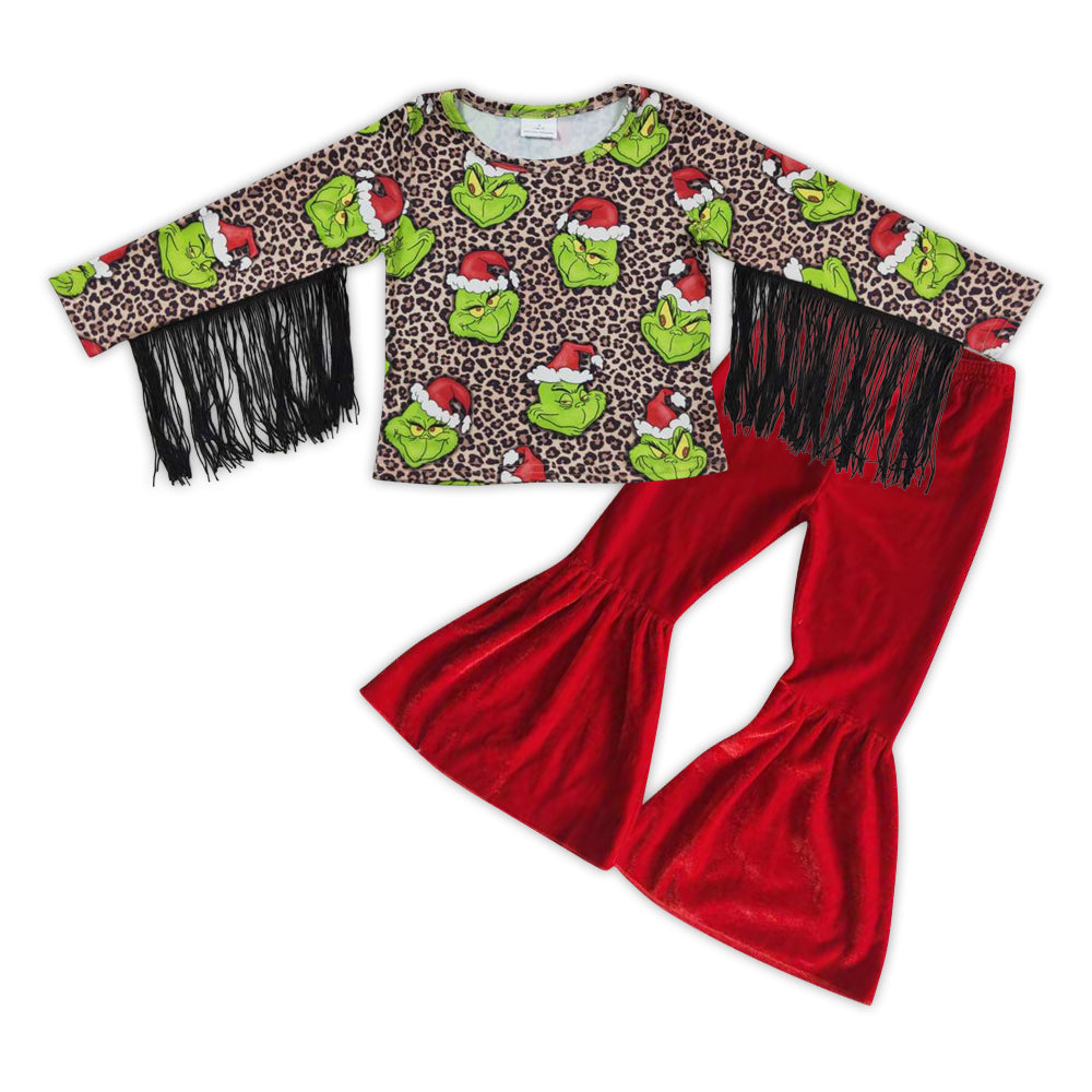 Baby Girls Christmas Frog Tassel Shirt Red Velvet Pants clothes sets