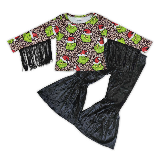 Baby Girls Christmas Frog Tassel Shirt Black Velvet Pants clothes sets