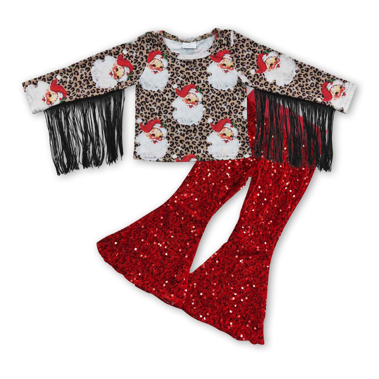 Baby Girls Christmas Santa Tassel Shirt Red Sequin Pants clothes sets