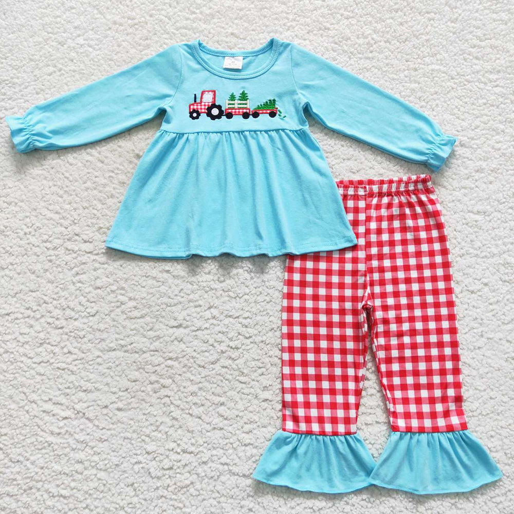 Sibling Boys Girls Christmas Tree Tractor Outfits Rompers Clothing Sets